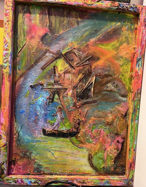 A textured landscape with a small boat, built up in thick paint