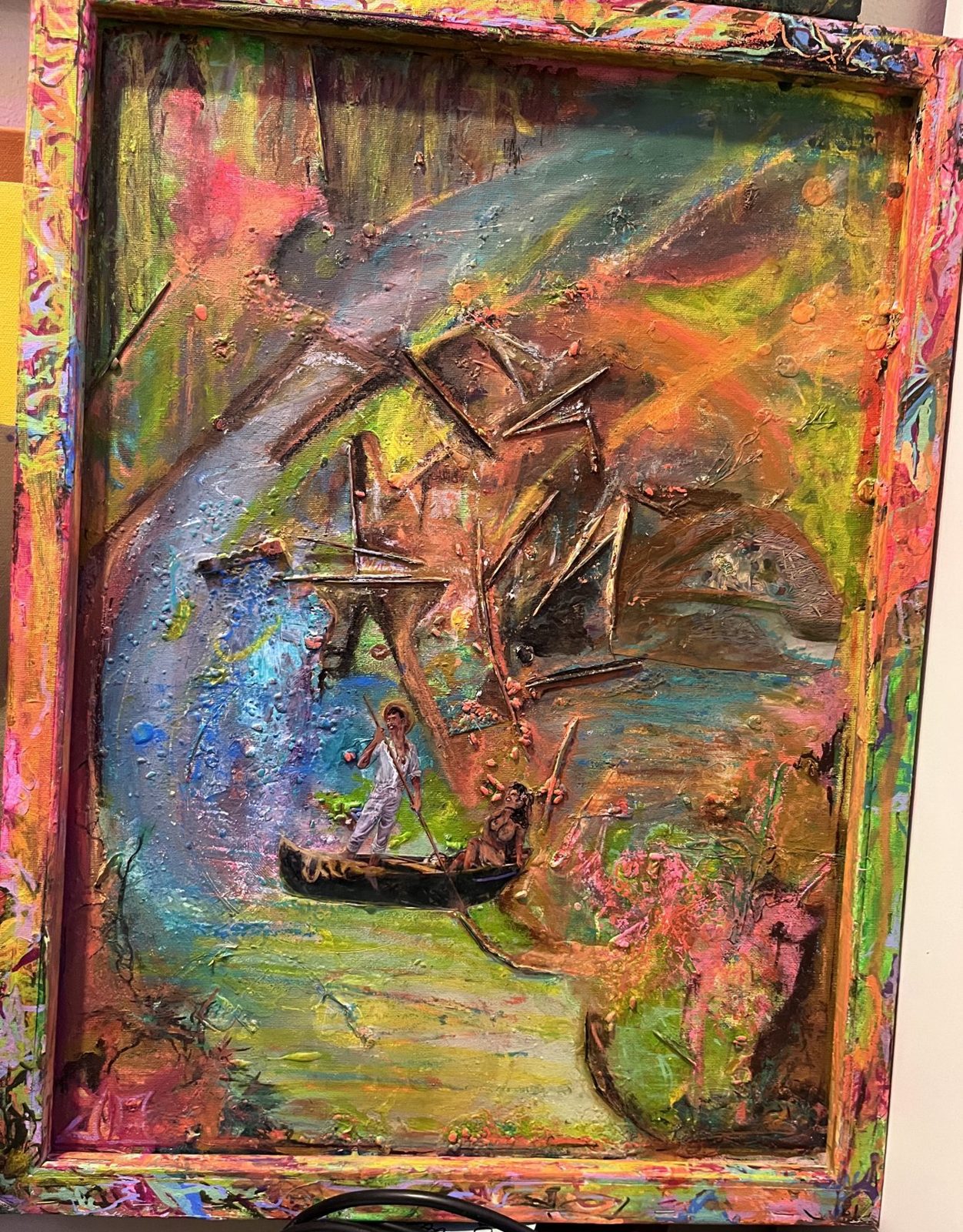 A textured landscape with a small boat, built up in thick paint