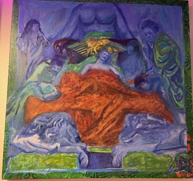 Figures gathered around a draped orange shape, in blues and violets