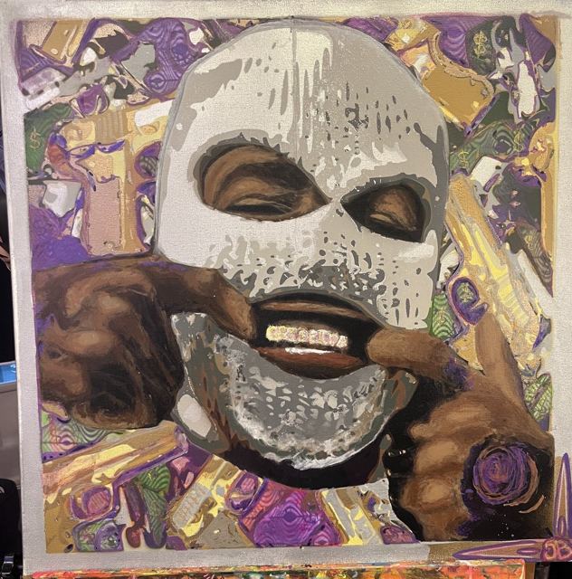A figure in a white ski mask with gold grills, framed by hands