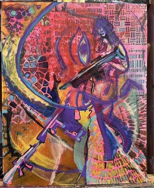 Two crossed AK-47s over a pink and purple figure, surrounded by patterned color fields